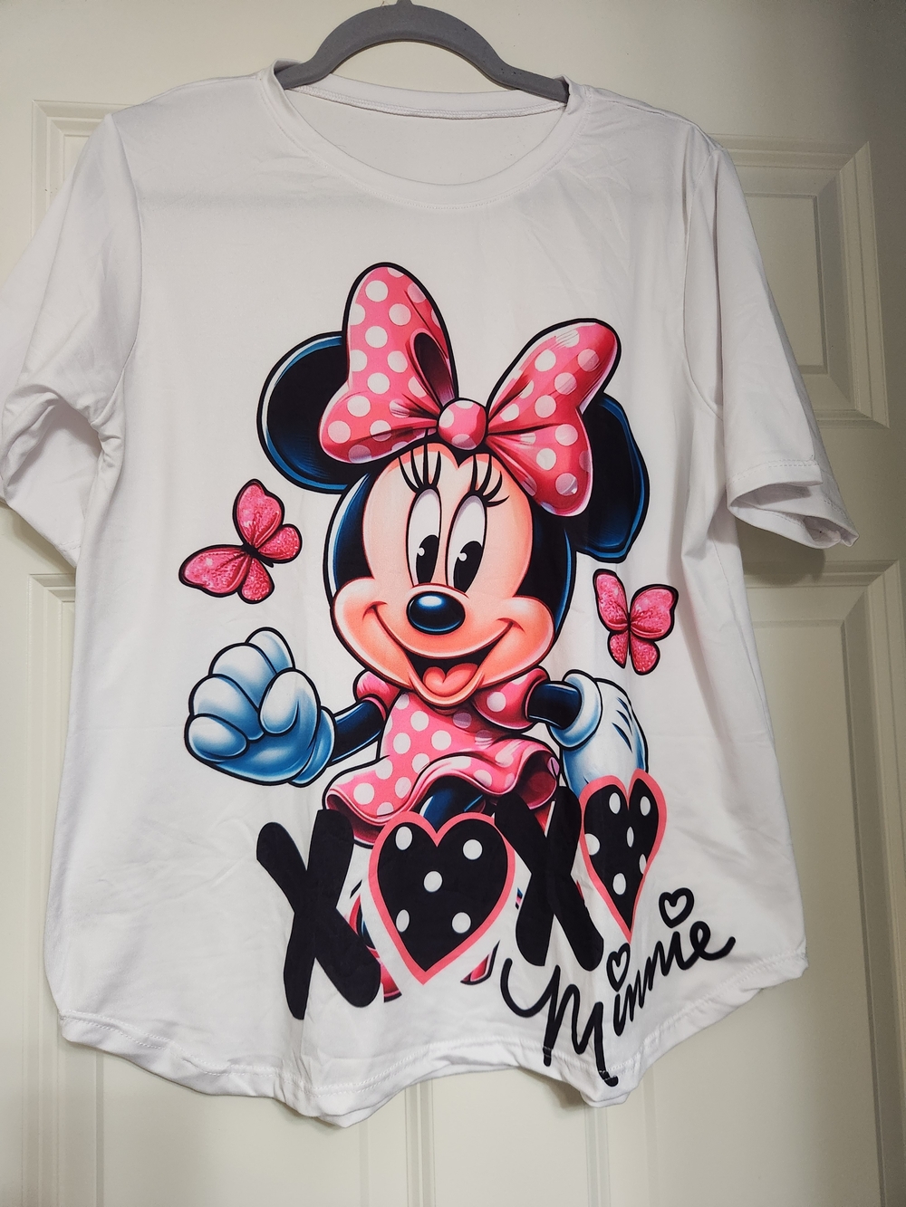 Women Oversized White Minnie Mouse Graphic Tee with Pink Bow